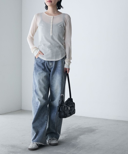 forksy.（フォルクシー）の「【forksy.】シアーリブ ヘンリーネック ロングTシャツ（Tシャツ/カットソー・レディース・ピンク/アイボリー/ブラック/杢グレー・FREE）」の13枚目の写真