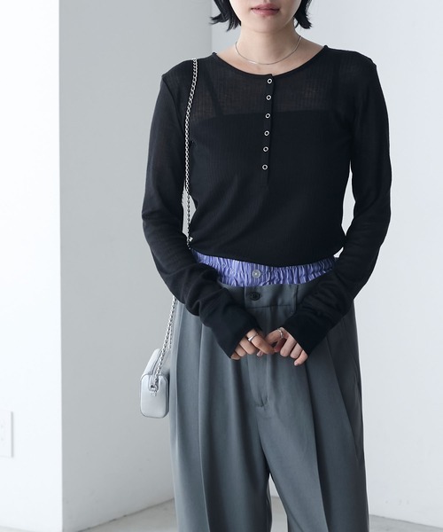 forksy.】シアーリブ ヘンリーネック ロングTシャツ forksy
