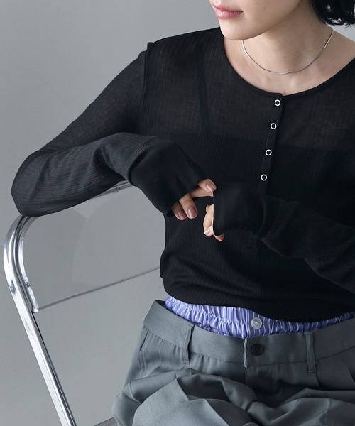 forksy.（フォルクシー）の「【forksy.】シアーリブ ヘンリーネック ロングTシャツ（Tシャツ/カットソー・レディース・ピンク/アイボリー/ブラック/杢グレー・FREE）」の20枚目の写真