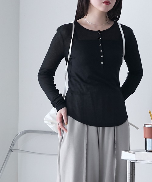 forksy.】シアーリブ ヘンリーネック ロングTシャツ forksy