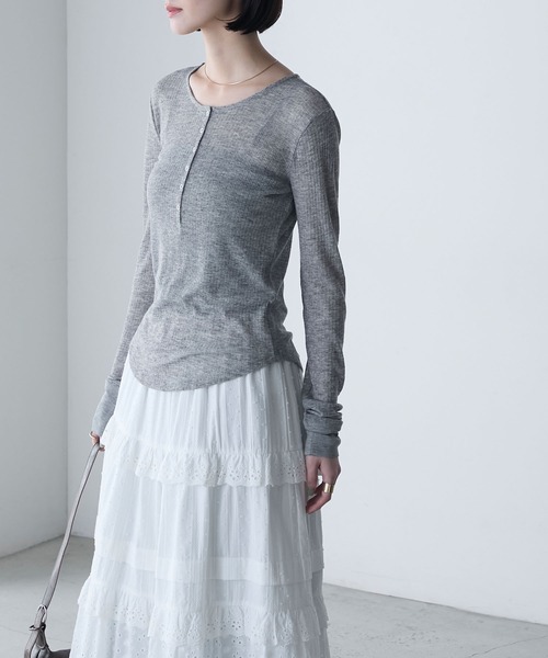 y*y様 新品24-25NOVMBR LIVER153cm forksy.】シアーリブ ヘンリーネック ロングTシャツ（Tシャツ