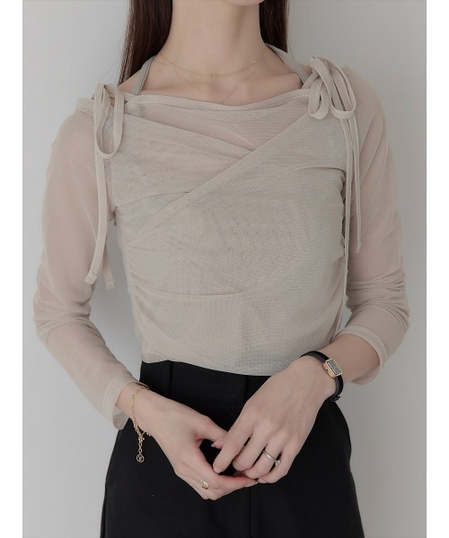 amel（エイメル）の「【RE ARRIVAL】チュールレイヤードリボントップス/ピンクベージュ（Tシャツ/カットソー・レディース・ピンクベージュ・FREE）」の3枚目の写真