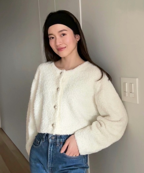 emmi（エミ）の「リボンヤーンニットジャケット（ノーカラージャケット・レディース・ホワイト/イエロー/その他・FREE）」の2枚目の写真