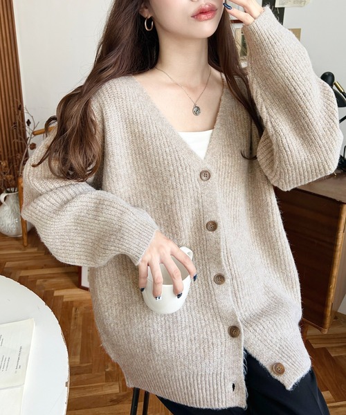 セール】VネックルーズMIXニットカーディガン（カーディガン/ボレロ