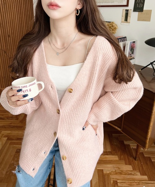 moment+（モーメントプラス）の「VネックルーズMIXニットカーディガン