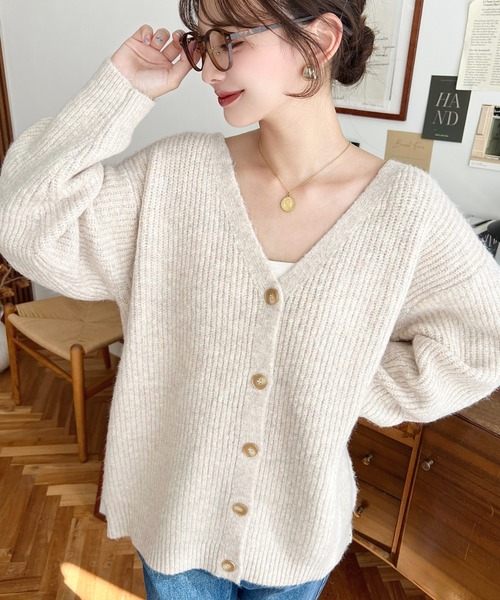 セール】VネックルーズMIXニットカーディガン（カーディガン/ボレロ