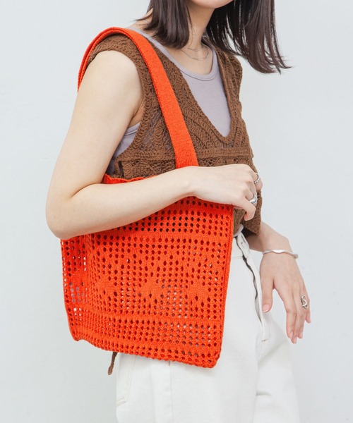 Chillfar（チルファー）の「かぎ針編みトートバッグ（トートバッグ・レディース・キナリ/ベージュ/パープル/オレンジ/ピンク/グリーン/ブラック・FREE）」の7枚目の写真