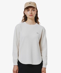 ラウンドヘム 配色リブカラー ワッフルボーダーロングスリーブTシャツ