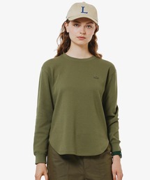 ラウンドヘム 配色リブカラー ワッフルボーダーロングスリーブTシャツ