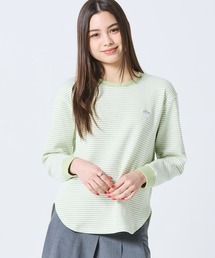 ラウンドヘム 配色リブカラー ワッフルボーダーロングスリーブTシャツ