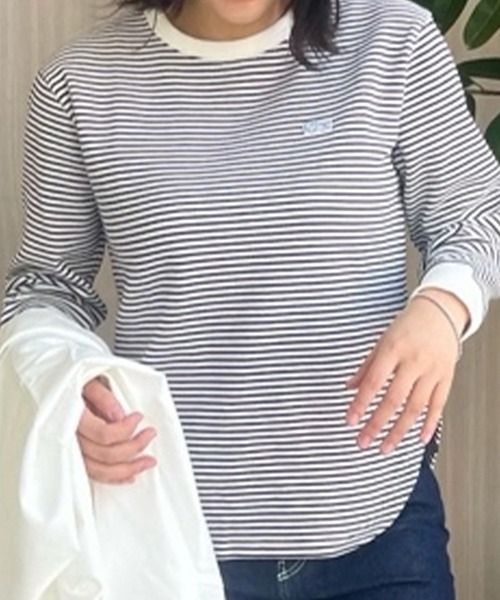 ラウンドヘム 配色リブカラー ワッフルボーダーロングスリーブTシャツ