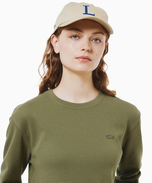 LACOSTE ラウンドヘム リブカラー ワッフルボーダーロングスリーブTシャツ ラウンドヘム 配色リブカラー ワッフルボーダーロングスリーブTシャツ