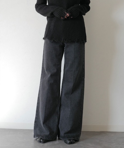 Reurie'(レウリィ)の「ハイライズストレートデニム/high rise straight denim ロング丈 セミフレア ジーンズ きれいめ カジュアル 韓国ファッション Y2K(デニムパンツ・レディース・ブルー/ブラック・FREE)」の2枚目の写真