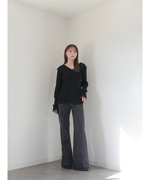 Reurie'(レウリィ)の「ハイライズストレートデニム/high rise straight denim ロング丈 セミフレア ジーンズ きれいめ カジュアル 韓国ファッション Y2K(デニムパンツ・レディース・ブルー/ブラック・FREE)」の5枚目の写真