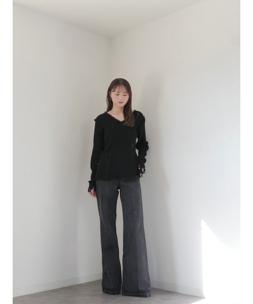 Reurie'(レウリィ)の「ハイライズストレートデニム/high rise straight denim ロング丈 セミフレア ジーンズ きれいめ カジュアル 韓国ファッション Y2K(デニムパンツ・レディース・ブルー/ブラック・FREE)」の14枚目の写真
