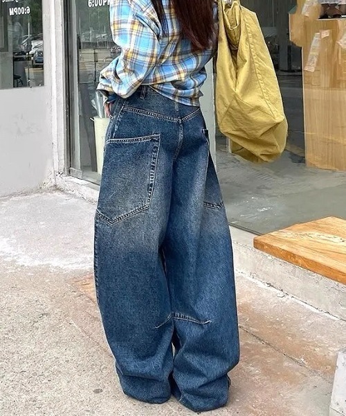 超ワイド デニムパンツ S〜XL サイドビックポケット ビッグポケットワイドパンツ 綿麻デニム | パンツ9ブタケ