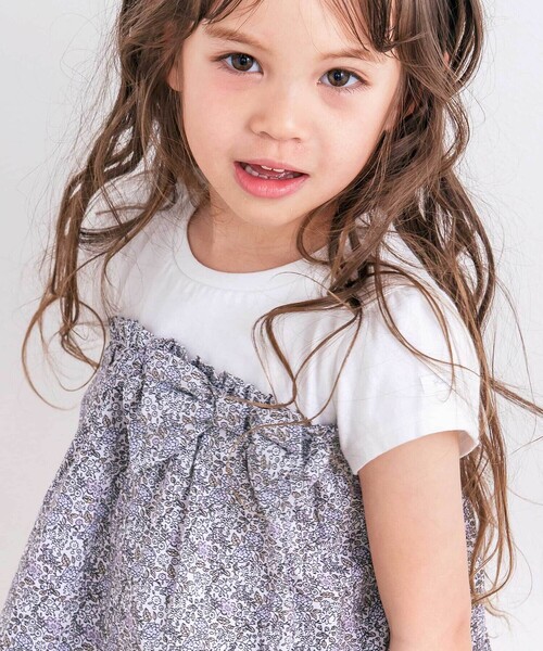 【★安心の定価販売★】 セール】【お揃い】リボン付き花柄ドッキングTシャツ(80~130cm トップス