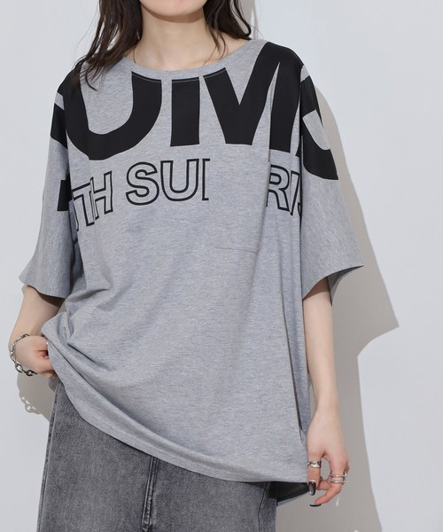 atONE(アットワン)の「BIGロゴプリントポケット付きドルマンTシャツ(Tシャツ/カットソー・レディース・パープル/杢グレー/ブラック・M/L)」の2枚目の写真