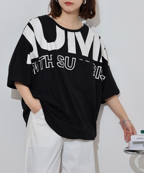 atONE(アットワン)の「BIGロゴプリントポケット付きドルマンTシャツ(Tシャツ/カットソー・レディース・パープル/杢グレー/ブラック・M/L)」の6枚目の写真