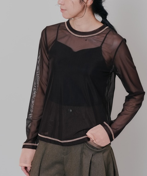 DOLLUPOOPS（ドールアップウップス）の「スリーブメッシュ配色ステッチシアートップス（Tシャツ/カットソー・レディース・ブラック/オフホワイト/ブラウン・38）」の3枚目の写真