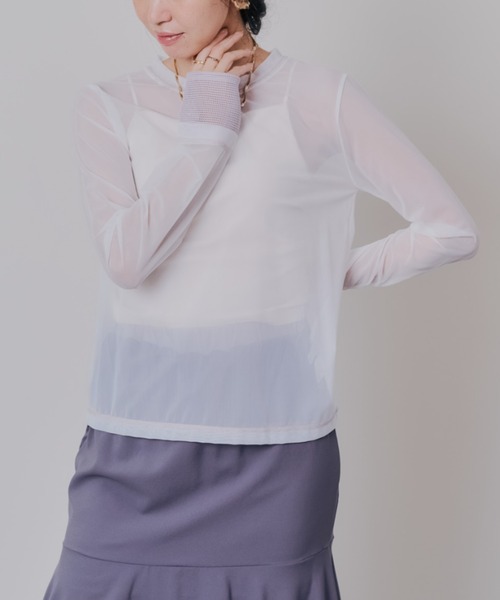 DOLLUPOOPS（ドールアップウップス）の「スリーブメッシュ配色ステッチシアートップス（Tシャツ/カットソー・レディース・ブラック/オフホワイト/ブラウン・38）」の2枚目の写真