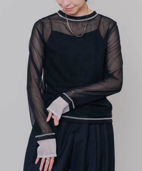DOLLUPOOPS(ドールアップウップス)の「スリーブメッシュ配色ステッチシアートップス(Tシャツ/カットソー・レディース・ブラック/オフホワイト/ブラウン・38)」の15枚目の写真