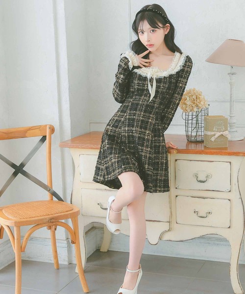 キャバドレス [韓国ドレス] ネックリボン チュール フリル