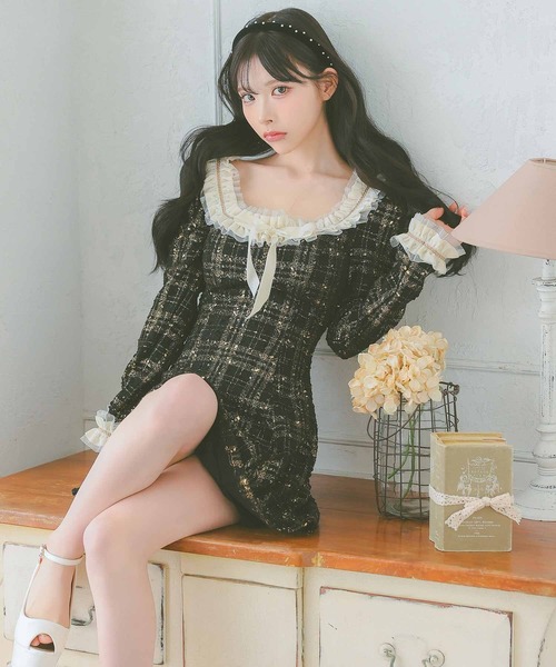 【韓国発】キュートチェックリボンキャバドレス キャバドレス [韓国ドレス] ネックリボン チュール フリル
