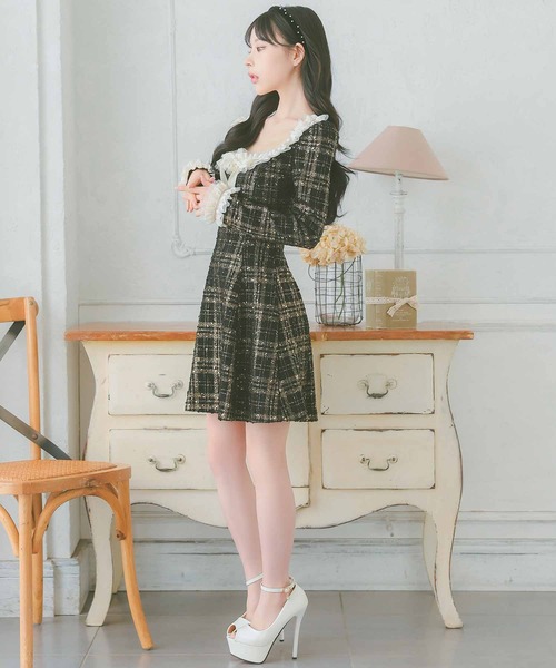 キャバドレス [韓国ドレス] ネックリボン チュール フリル