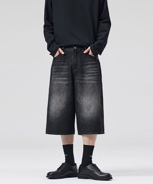 ヴィンテージライクワイドデニムハーフパンツ（デニムパンツ
