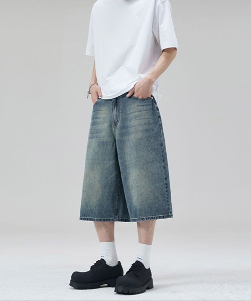 メンズ異素材ハーフパンツ デニム フェイクレザー 韓国系 S4952 メンズ異素材ハーフパンツ デニム フェイクレザー 韓国系 S4952