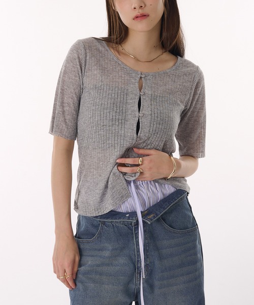 MUHET（ミュエータ）の「sheer jersey cardigan / シアーカットカーディガン（Tシャツ/カットソー・レディース・ブラック/オフホワイト/グレー・FREE）」の3枚目の写真