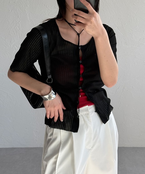 MUHET（ミュエータ）の「sheer jersey cardigan / シアーカットカーディガン（Tシャツ/カットソー・レディース・ブラック/オフホワイト/グレー・FREE）」の2枚目の写真