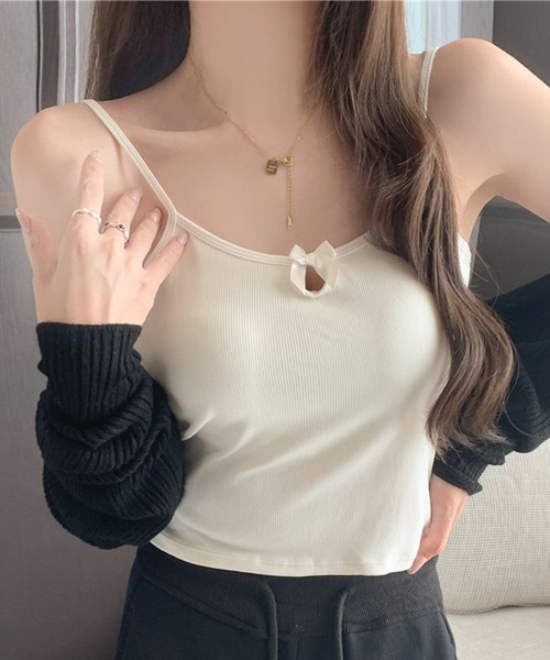 Lace Ladies（レースレディース）の「ソリッドカラー プチリボン カップ付き コンパクト キャミソール（キャミソール・レディース・ホワイト/アイボリー/ブラック/グレー・FREE）」の8枚目の写真