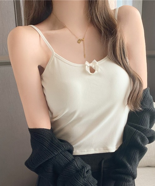 Lace Ladies（レースレディース）の「ソリッドカラー プチリボン カップ付き コンパクト キャミソール（キャミソール・レディース・ホワイト/アイボリー/ブラック/グレー・FREE）」の9枚目の写真