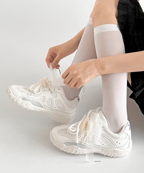 セール】軽量 2WAY パール付 チュールリボン ダブル レースアップ