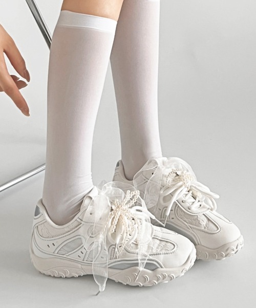 TWINSET スニーカー（関税・送料込み） 軽量 2WAY パール付 チュールリボン ダブル レースアップ