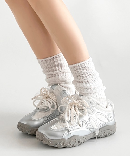 Shoes in Closet（シューズインクローゼット）の「軽量 2WAY パール付 チュールリボン ダブル レースアップ スニーカー 531（スニーカー・レディース・ホワイト/シルバー・S/M/L/LL）」の16枚目の写真
