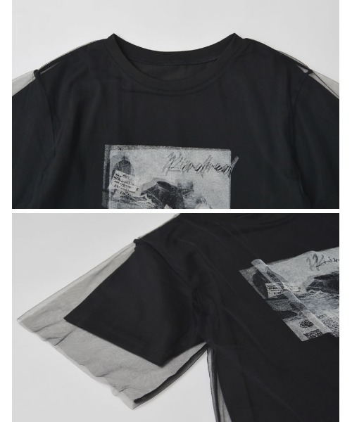 tシャツ チュールフォトプリントTシャツ レディース moment+ tシャツ チュールバルーンフォトプリント半袖Tシャツ