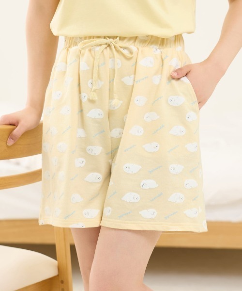 パジャマパンツ ショート 刺繍入り セール】裏毛アザラシ総柄1分丈ショートパンツ（ルームウェア/パジャマ