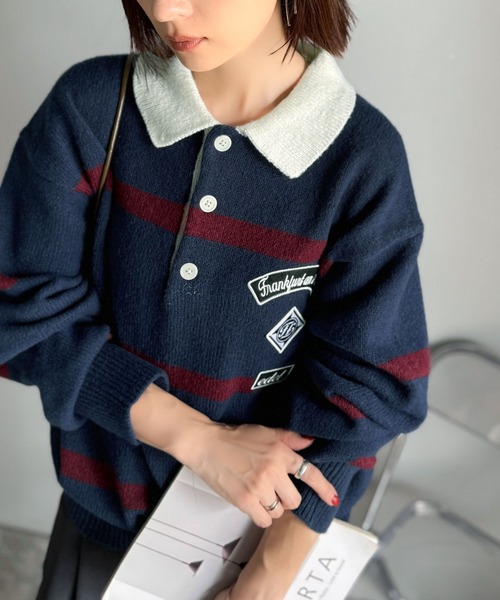 ネイビー リブ編み セーター ポケット付き、袖ワッペン セール】《JaVaジャバコラボ》魅せる、トラッド感。ワッペンデザイン