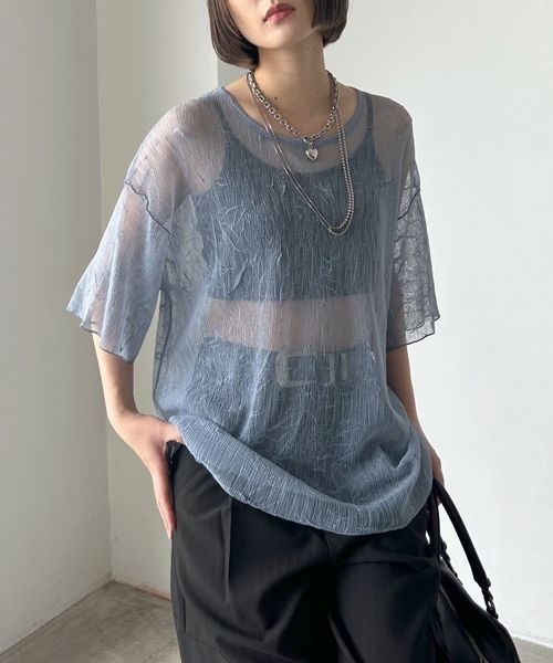 PAGEBOY(ページボーイ)の「カットプリーツシアーT(Tシャツ/カットソー・レディース・オフホワイト/ブラック/サックスブルー・FREE)」の21枚目の写真