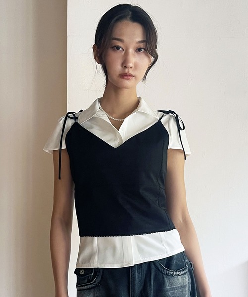 FOLLOWIN（フォロウィン）の「[FLW MADE]レースアップ・クロップドリボンキャミ（キャミソール・レディース・ブラック/ホワイト・FREE）」の8枚目の写真