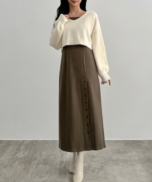 シャギーショートニット＋釦スリットキャミワンピース(裏地なし)set