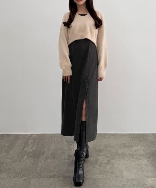 セール】シャギーショートニット＋釦スリットキャミワンピース