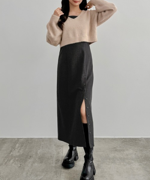 セネア（CENEA）/CENEA　シャギーショートニット＋釦スリットキャミワンピース(裏地なし)set セール】シャギーショートニット＋釦スリットキャミワンピース(裏地