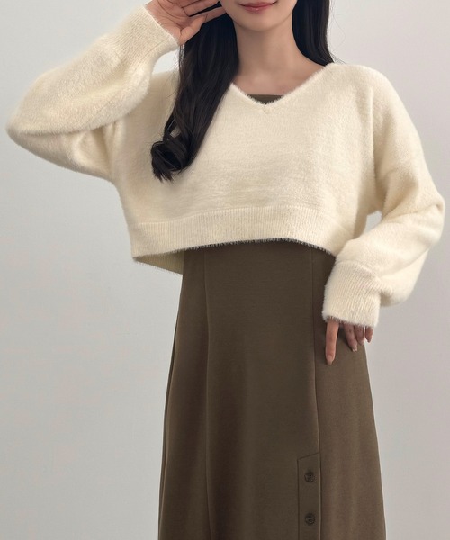 CENEA(セネア)の「シャギーショートニット+釦スリットキャミワンピース(裏地なし)set(ワンピース・レディース・ダークグレー/ブラウン/ナチュラル・SMALL/MEDIUM/LARGE)」の15枚目の写真