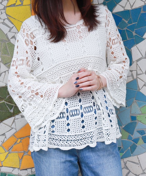 libelle more（リベル モア）の「レース編みニットソー（ニット/セーター・レディース・グリーン/ブラック/ブルー/オフホワイト・L/M）」の2枚目の写真