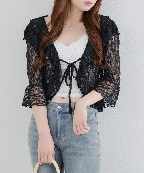 continuer de NICE CLAUP（コンティニューデナイスクラップ）の「ラッフルフリルレースボレロ（カーディガン/ボレロ・レディース・ブラック/アイボリー/オフホワイト・FREE）」の3枚目の写真
