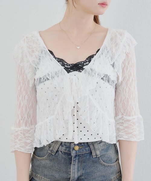 continuer de NICE CLAUP（コンティニューデナイスクラップ）の「ラッフルフリルレースボレロ（カーディガン/ボレロ・レディース・ブラック/アイボリー/オフホワイト・FREE）」の16枚目の写真
